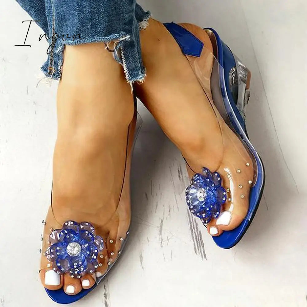 Ingvn - Studded Flower Design Transparent Wedge Sandals Blue / 5