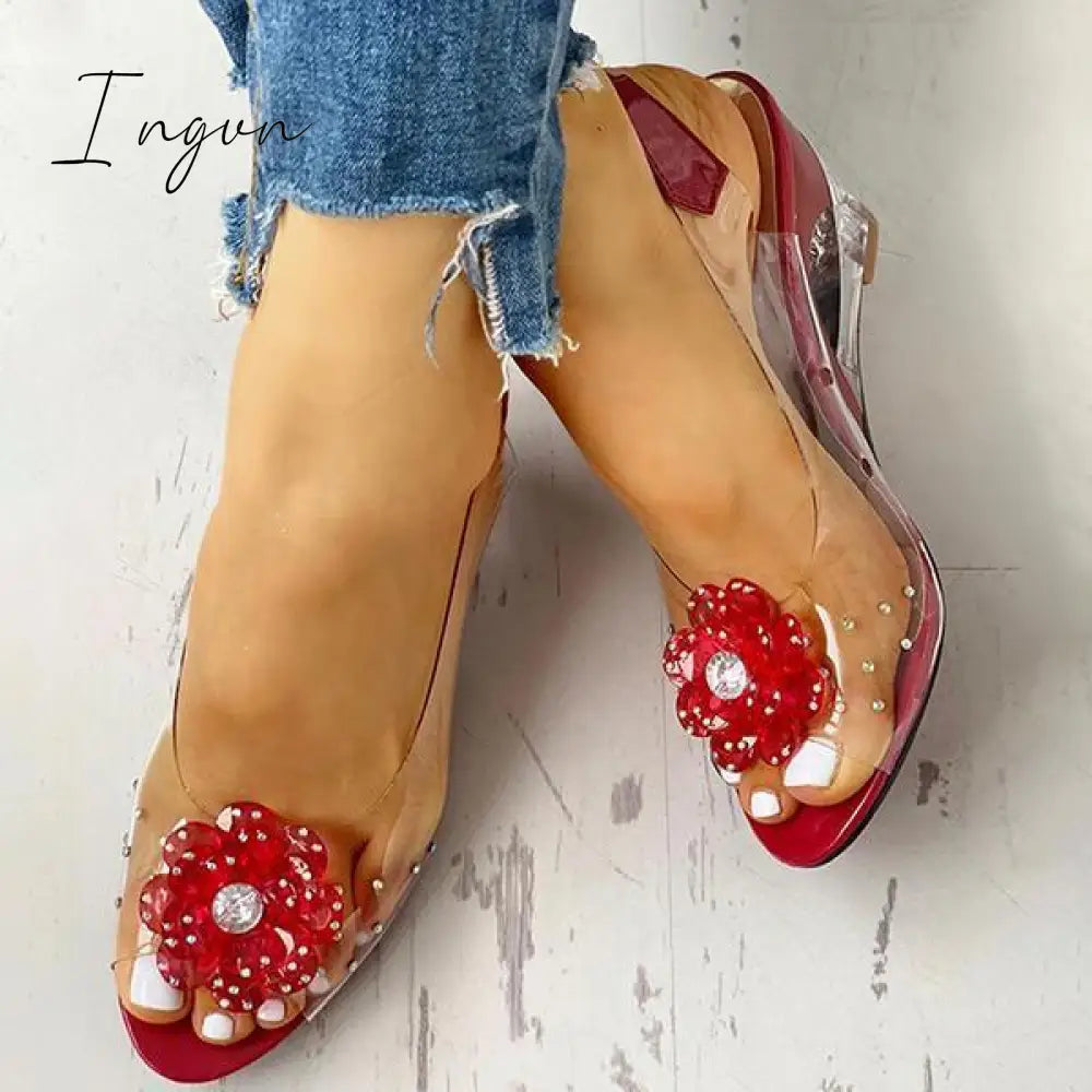 Ingvn - Studded Flower Design Transparent Wedge Sandals Red / 5
