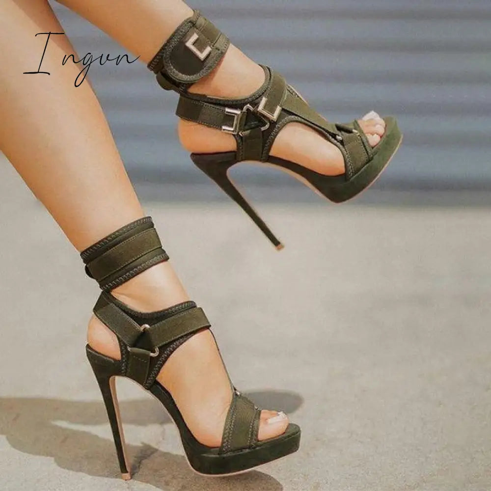 Ingvn - Stylish Buckle Ankle-Wrap Stiletto High Heels Armygreen / 5