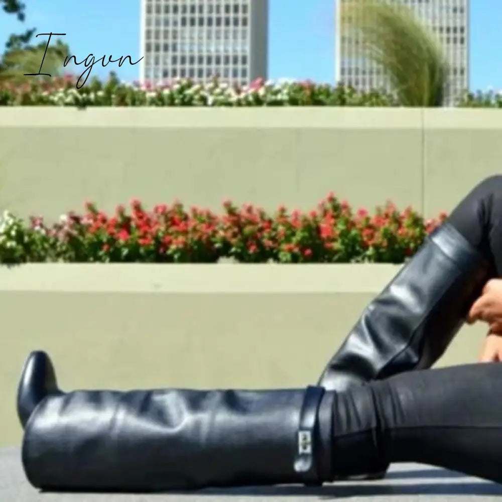 Ingvn - Stylish Faux Leather Hidden Heel Tall Boots Black / 5