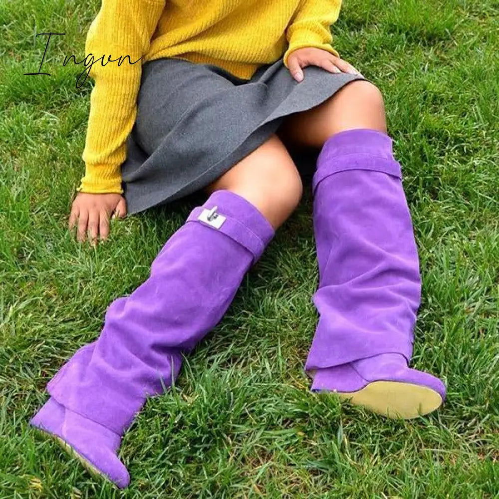 Ingvn - Stylish Faux Leather Hidden Heel Tall Boots Purple / 5