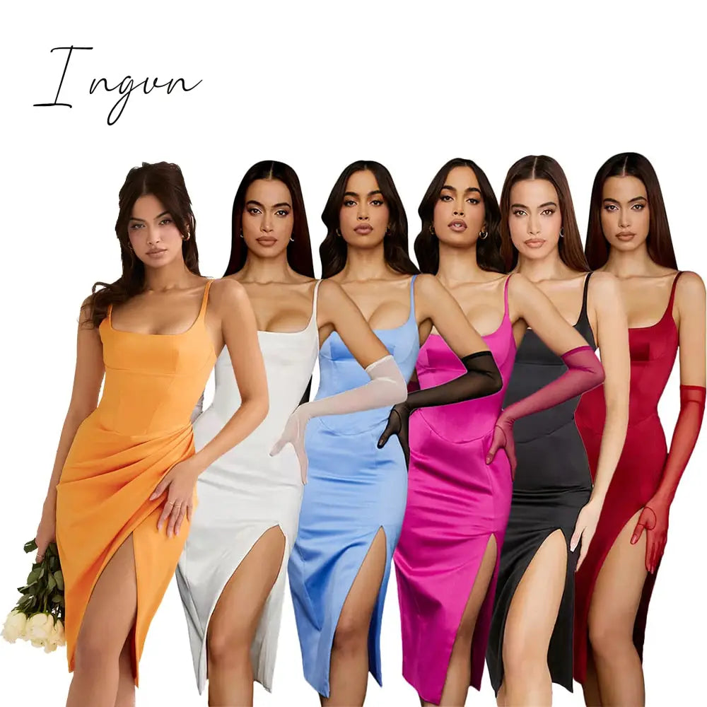 Ingvn - Summer Bodycon White Satin Evening Night Party Dresses Sexy Birthday Dress For Women
