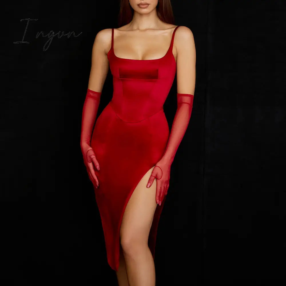 Ingvn - Summer Bodycon White Satin Evening Night Party Dresses Sexy Birthday Dress For Women