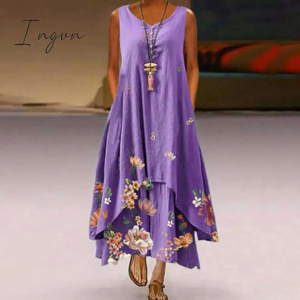 Ingvn - Summer Dress Plus Size Floral Print Irregular Hem Women Buttons Round Neck Women’s