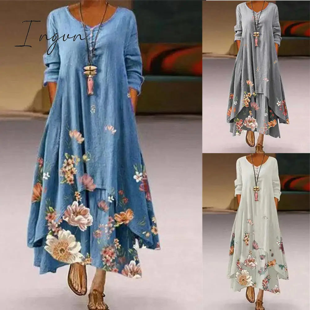 Ingvn - Summer Dress Plus Size Floral Print Irregular Hem Women Buttons Round Neck Women’s