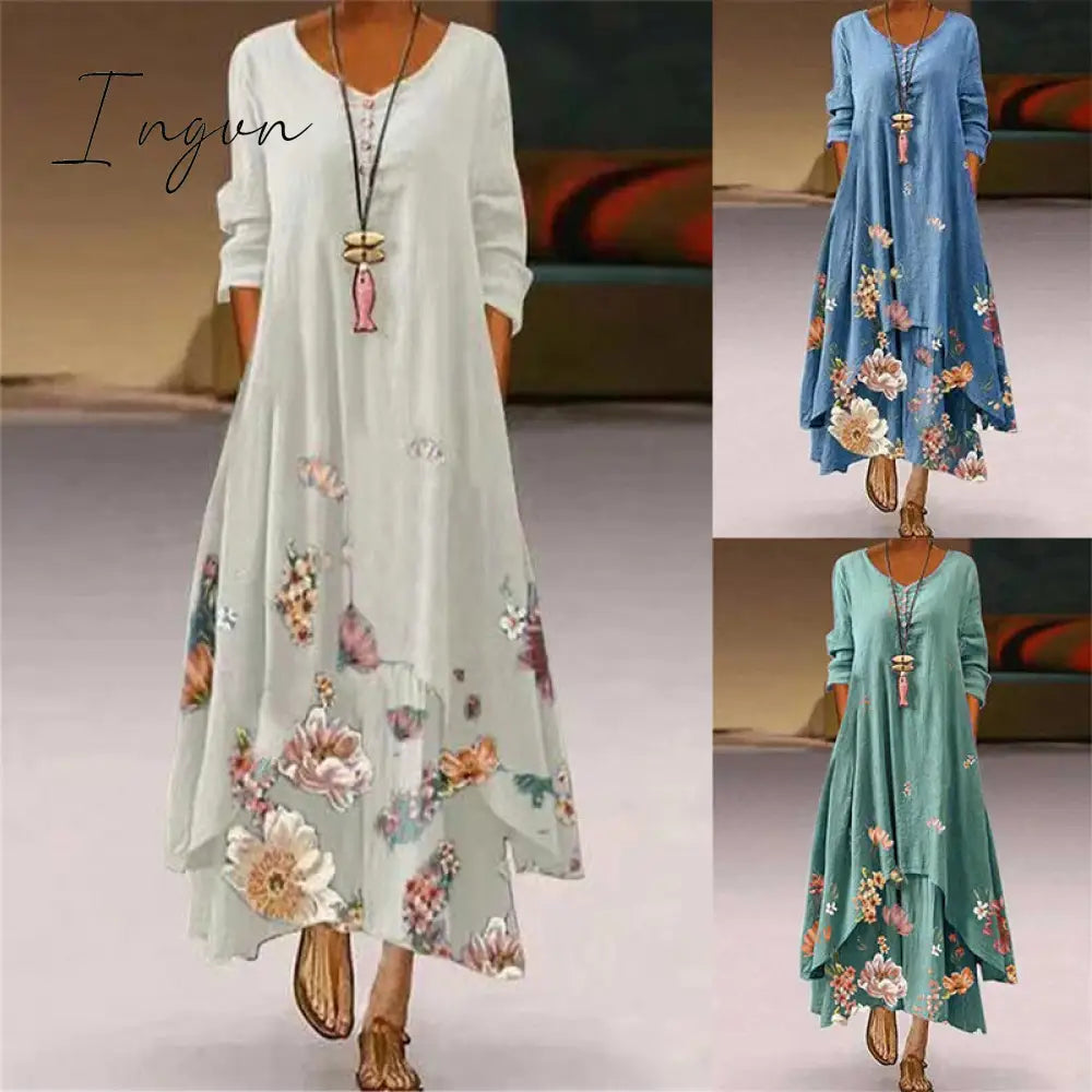 Ingvn - Summer Dress Plus Size Floral Print Irregular Hem Women Buttons Round Neck Women’s