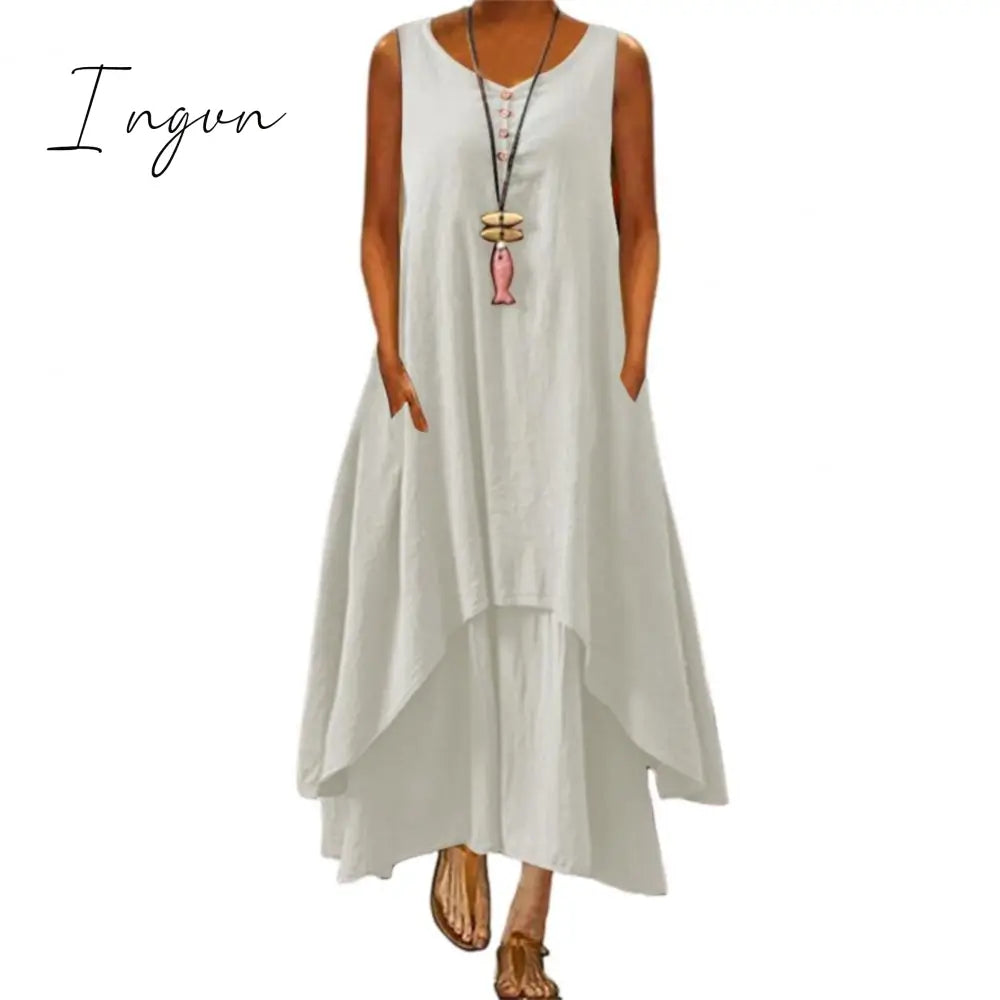 Ingvn - Summer Dress Plus Size Floral Print Irregular Hem Women Buttons Round Neck Women’s