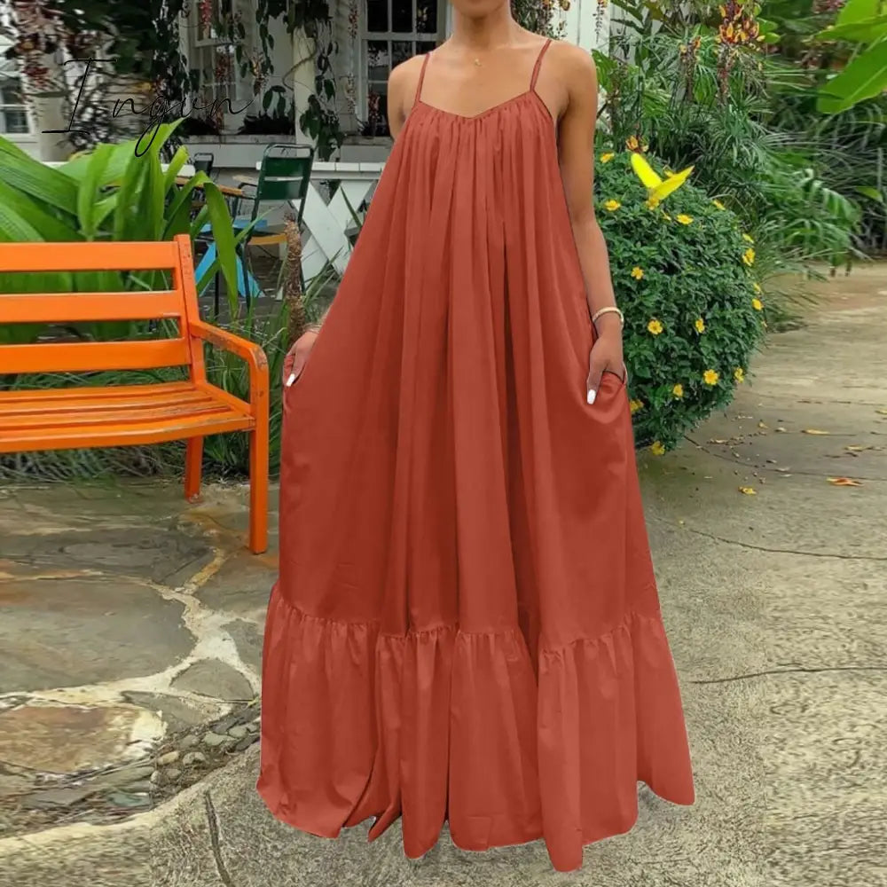 Ingvn - Summer Dress Women Sexy Short Sleeve Ruffled Maxi Long Casual Loose Solid Pleated Beach