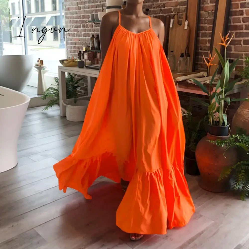 Ingvn - Summer Dress Women Sexy Short Sleeve Ruffled Maxi Long Casual Loose Solid Pleated Beach