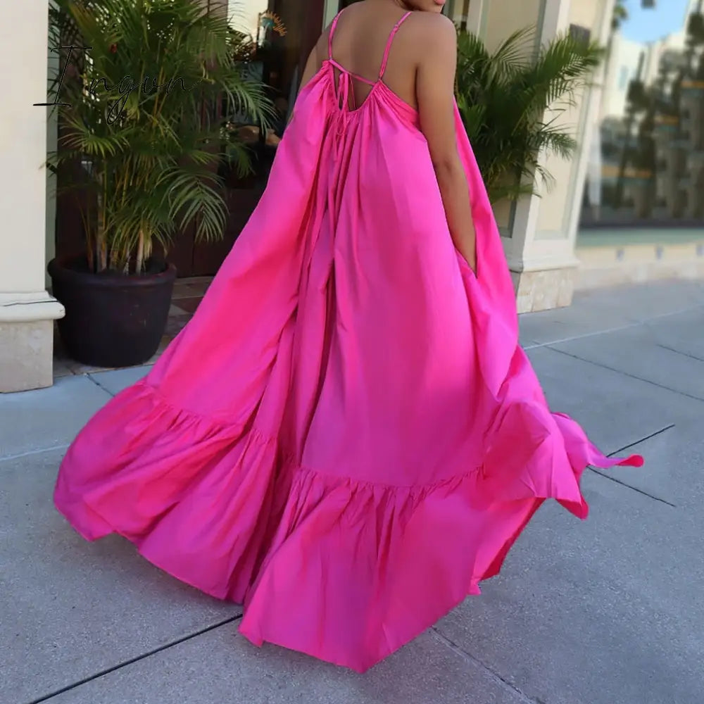 Ingvn - Summer Dress Women Sexy Short Sleeve Ruffled Maxi Long Casual Loose Solid Pleated Beach