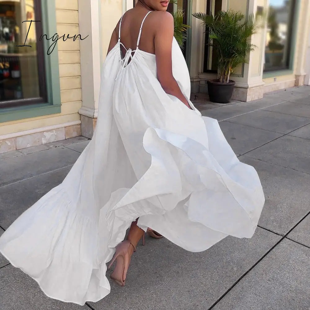 Ingvn - Summer Dress Women Sexy Short Sleeve Ruffled Maxi Long Casual Loose Solid Pleated Beach