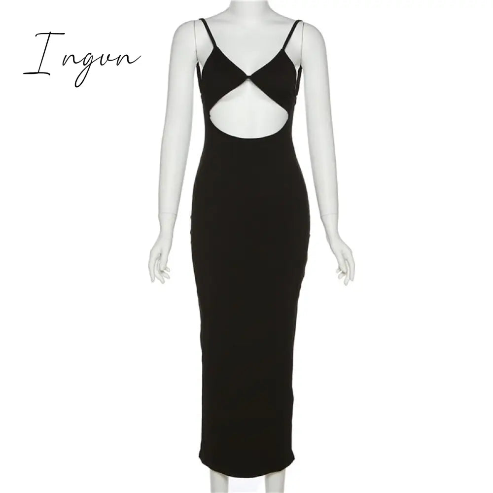 Ingvn - Summer Dresses For Women Elegant White Cut Out Maxi Spaghetti Strap Backless Sexy Beach