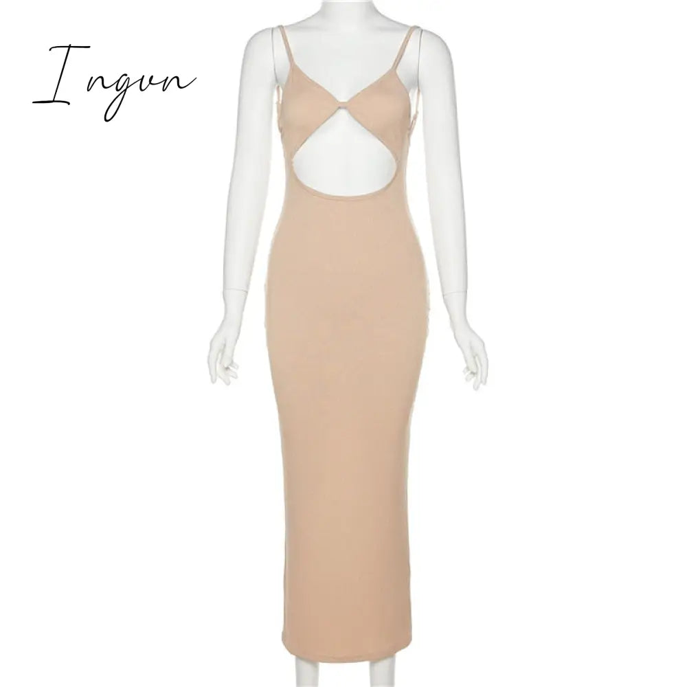 Ingvn - Summer Dresses For Women Elegant White Cut Out Maxi Spaghetti Strap Backless Sexy Beach