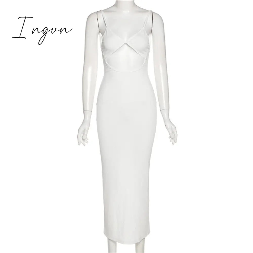Ingvn - Summer Dresses For Women Elegant White Cut Out Maxi Spaghetti Strap Backless Sexy Beach