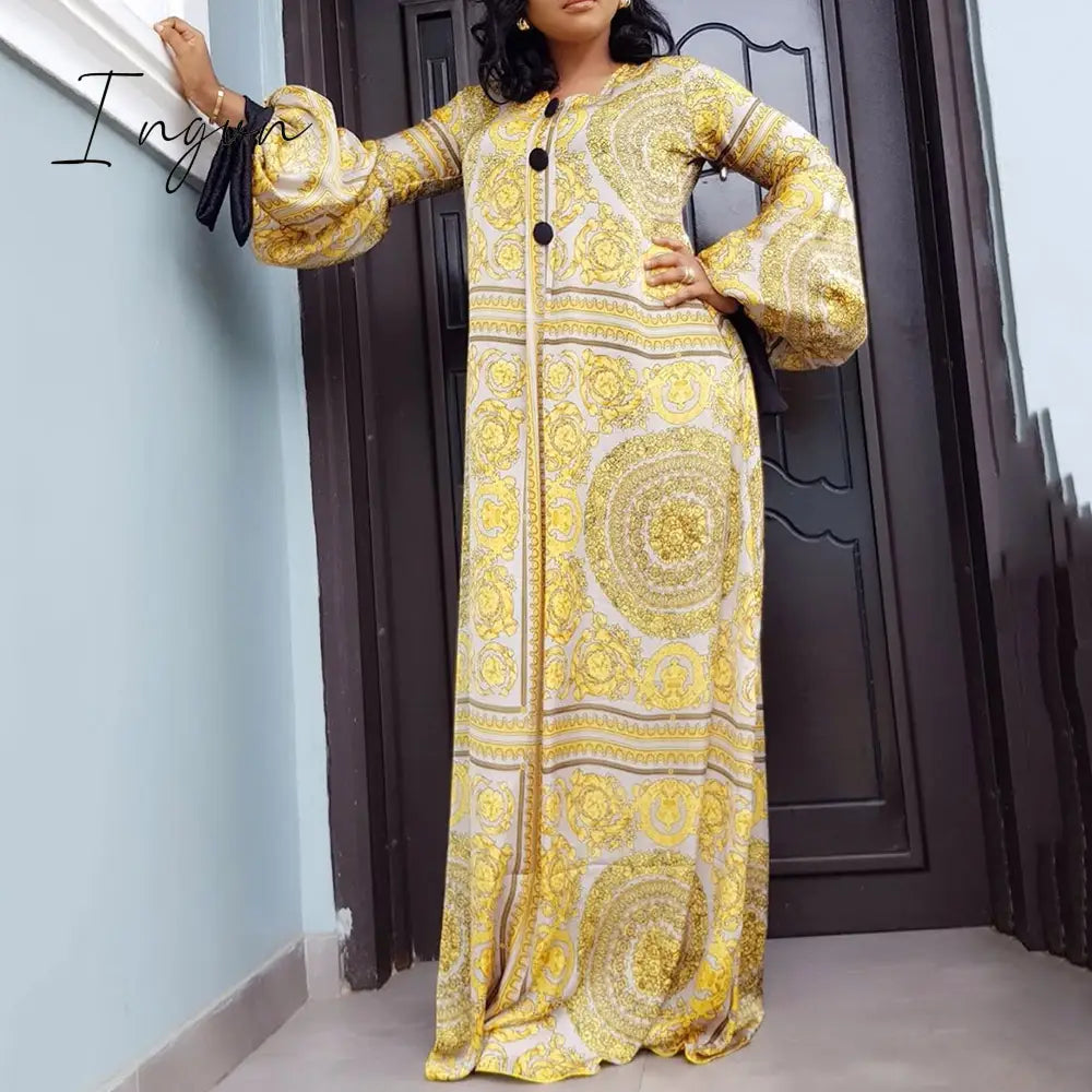 Ingvn - Summer Long Sleeve Maxi Dress African Ladies Rich Bazin Golden Print Vintage Plus Size 3Xl