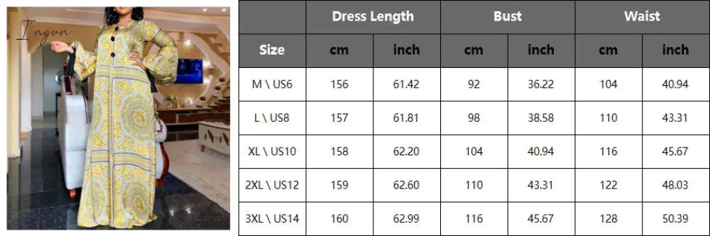 Ingvn - Summer Long Sleeve Maxi Dress African Ladies Rich Bazin Golden Print Vintage Plus Size 3Xl