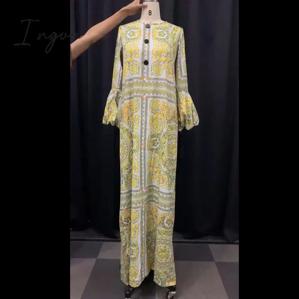 Ingvn - Summer Long Sleeve Maxi Dress African Ladies Rich Bazin Golden Print Vintage Plus Size 3Xl