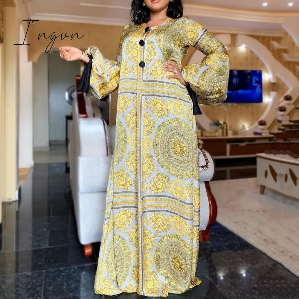 Ingvn - Summer Long Sleeve Maxi Dress African Ladies Rich Bazin Golden Print Vintage Plus Size 3Xl