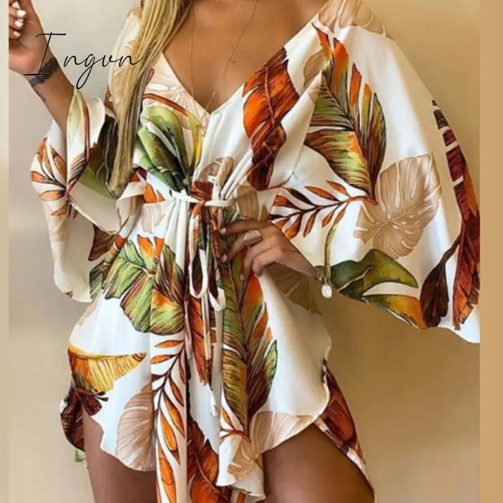Ingvn - Summer Outfits Casual Leaf Leopard Print Harajuku Batwing Sleeve Dress Lady Elegant Lace -