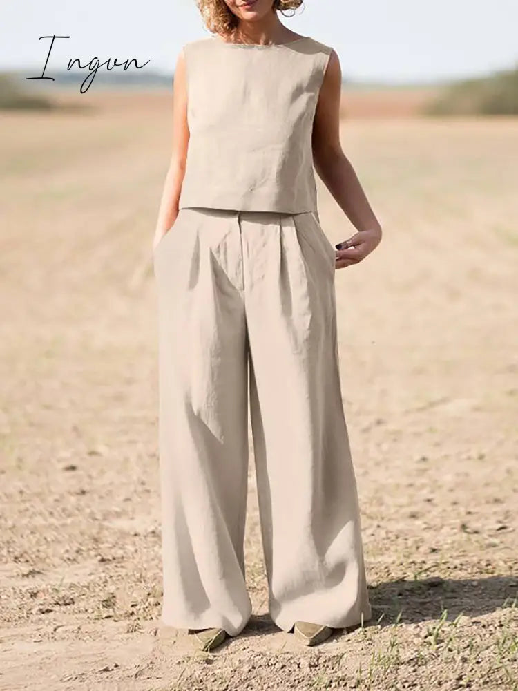 Ingvn - Summer Outfits Casual Women Set Vintage Sleeveless Blouse O - Neck Top + Straight Wide Leg