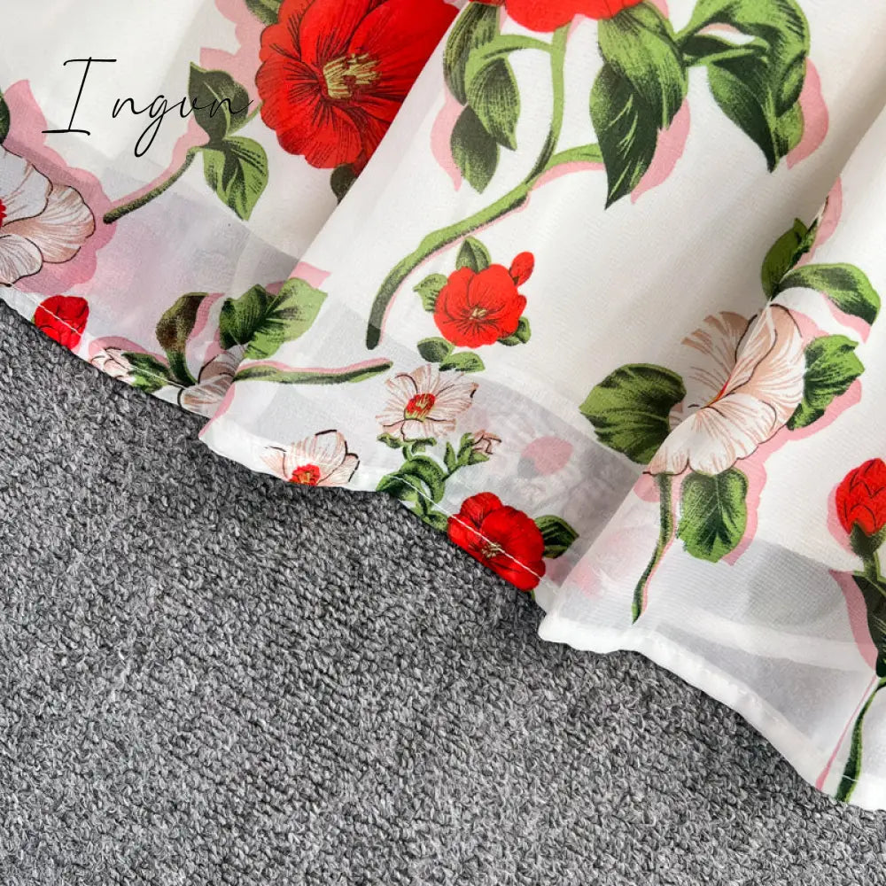 Ingvn - Summer Outfits Ladies French Retro V - Neck Floral Women Dress Elegant Draped Flowers Short