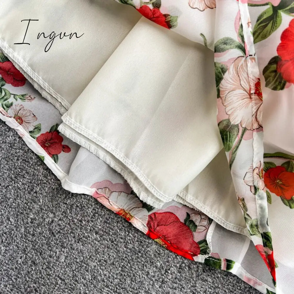 Ingvn - Summer Outfits Ladies French Retro V - Neck Floral Women Dress Elegant Draped Flowers Short