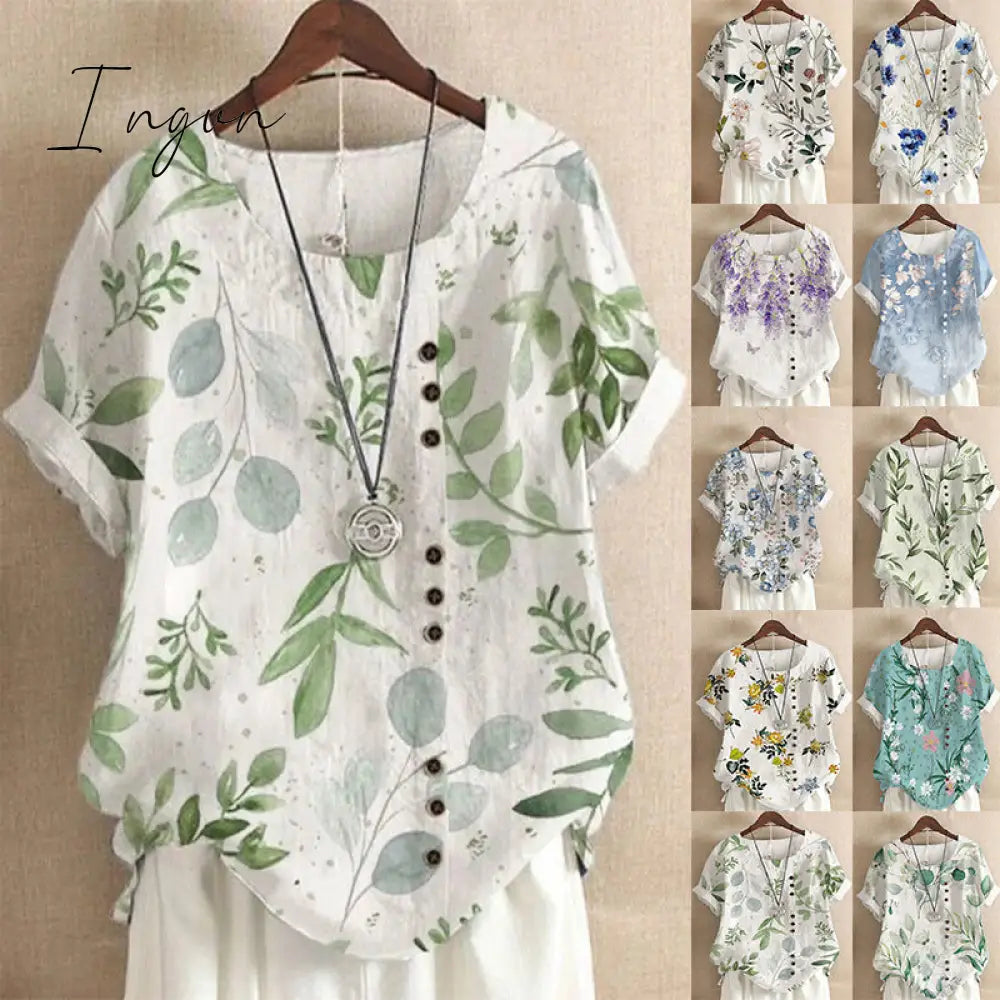 Ingvn - Summer Retro Fashion Printed Loose Casual Shirt Short-Sleeved Blouses