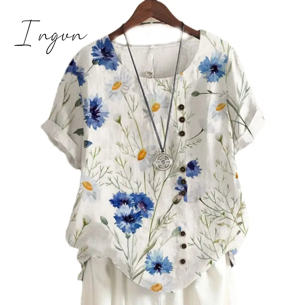 Ingvn - Summer Retro Fashion Printed Loose Casual Shirt Short-Sleeved Blouses