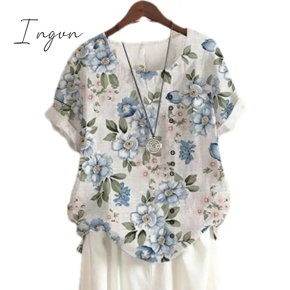 Ingvn - Summer Retro Fashion Printed Loose Casual Shirt Short-Sleeved Blouses