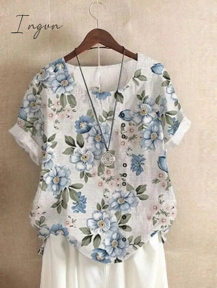 Ingvn - Summer Retro Fashion Printed Loose Casual Shirt Short-Sleeved Blouses Flower 2 / S