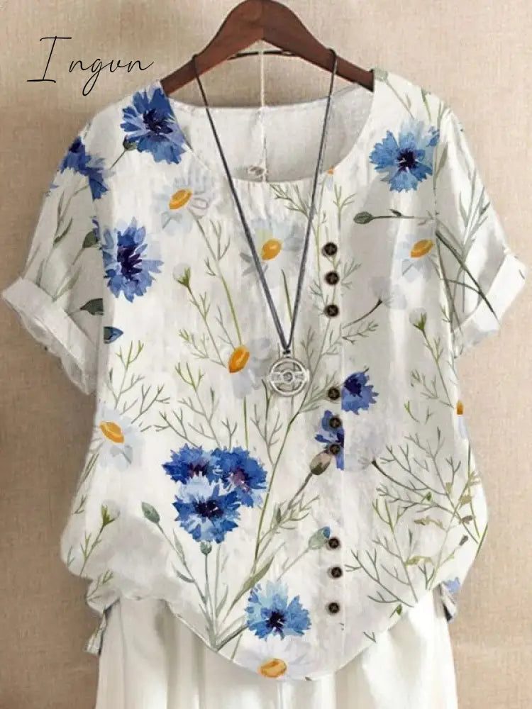 Ingvn - Summer Retro Fashion Printed Loose Casual Shirt Short-Sleeved Blouses Flower 3 / S