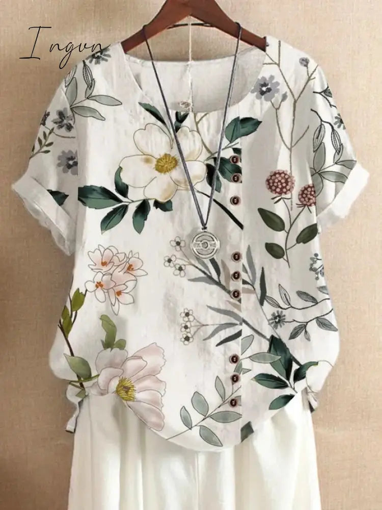 Ingvn - Summer Retro Fashion Printed Loose Casual Shirt Short-Sleeved Blouses Flower 5 / S