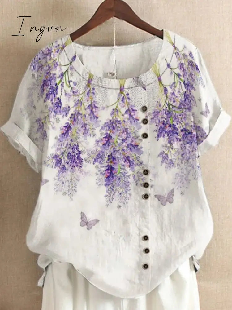 Ingvn - Summer Retro Fashion Printed Loose Casual Shirt Short-Sleeved Blouses Lavender 6 / S