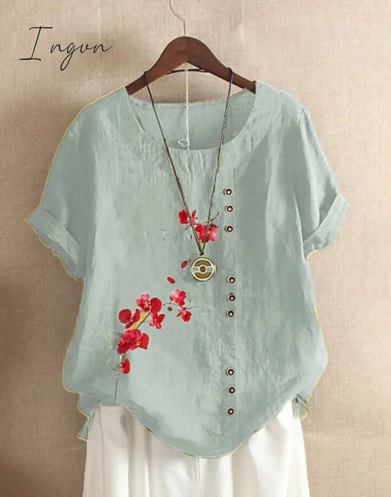 Ingvn - Summer Retro Fashion Printed Loose Casual Shirt Short-Sleeved Blouses Light Blue / S