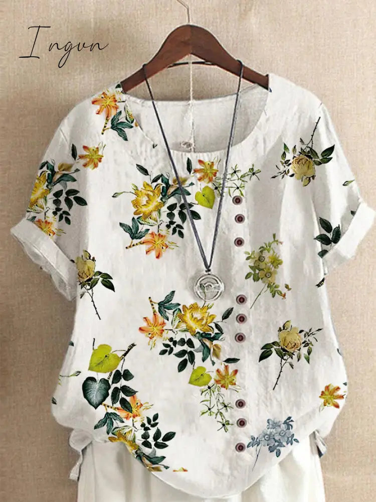 Ingvn - Summer Retro Fashion Printed Loose Casual Shirt Short-Sleeved Blouses Yellow Flower 8 / S