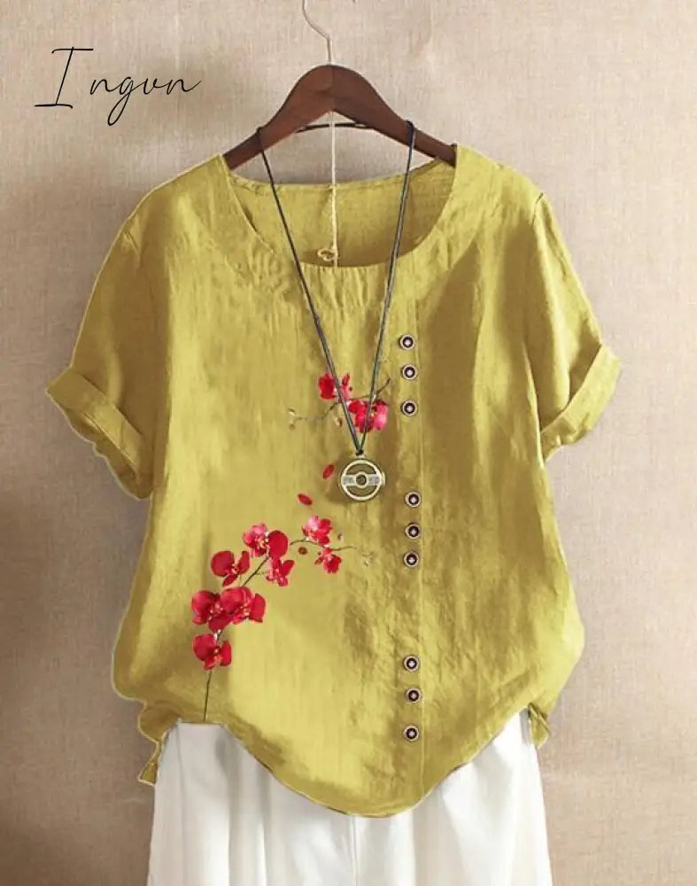 Ingvn - Summer Retro Fashion Printed Loose Casual Shirt Short-Sleeved Blouses Yellow / S