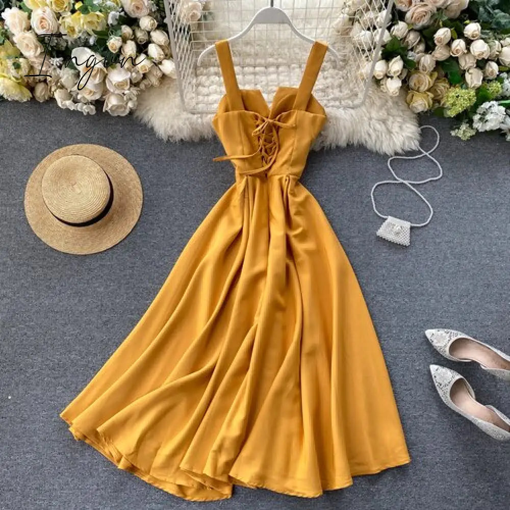 Ingvn - Summer Robe Dress Women V Neck Long Party Dresses Sexy Tank Backless Spaghetti Strap Maxi