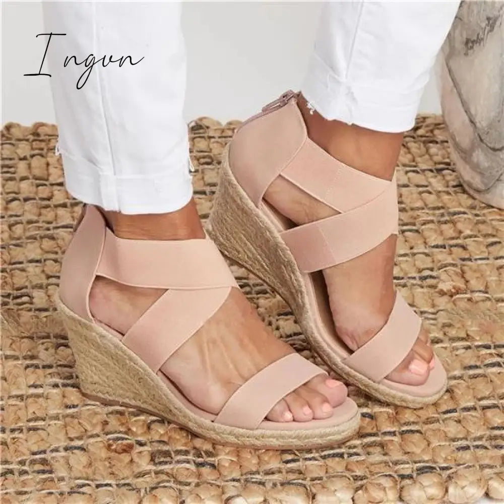 Ingvn - Summer Round Toe High Heel Wedge Casual Ladies Sandals Pink / 5