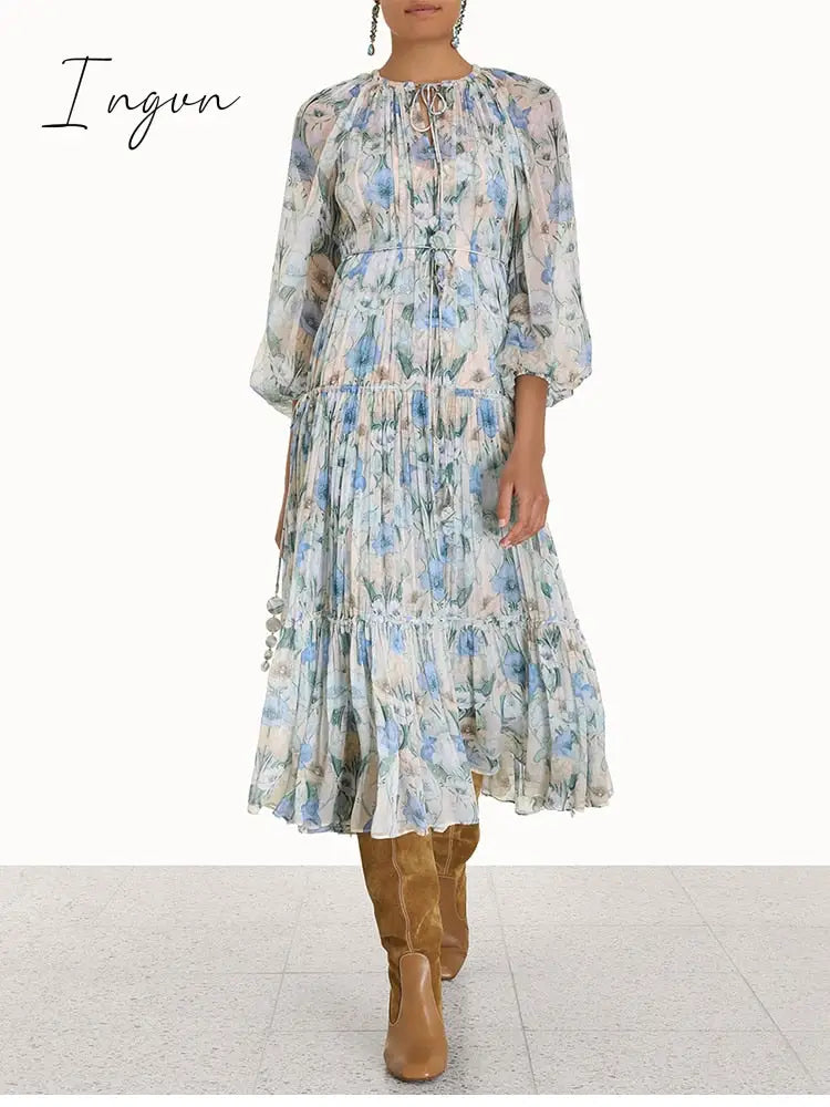 Ingvn - Summer Sexy Party Dress Women Single Breasted Long Sleeve Layer Ruffle Flower Embroidery