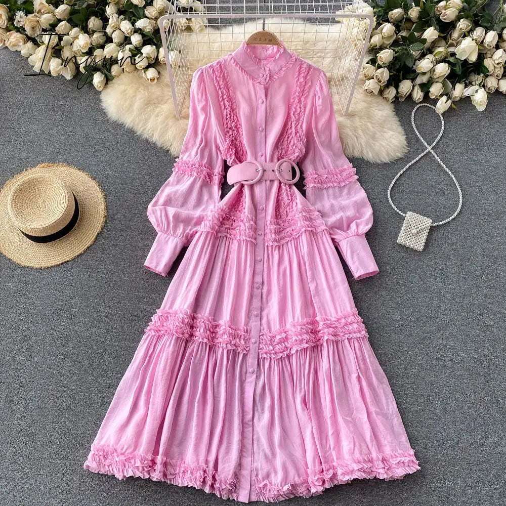 Ingvn - Summer Sexy Party Dress Women Single Breasted Long Sleeve Layer Ruffle Flower Embroidery