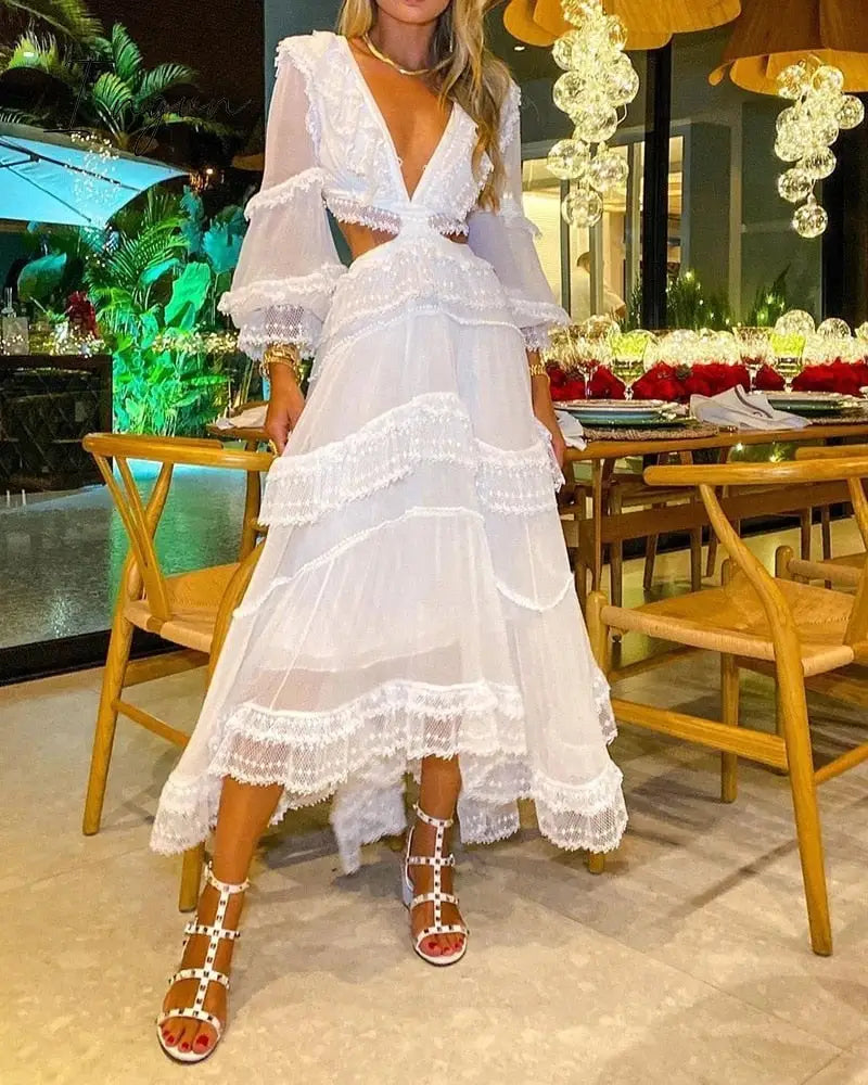 Ingvn - Summer Sexy Party Dress Women Single Breasted Long Sleeve Layer Ruffle Flower Embroidery