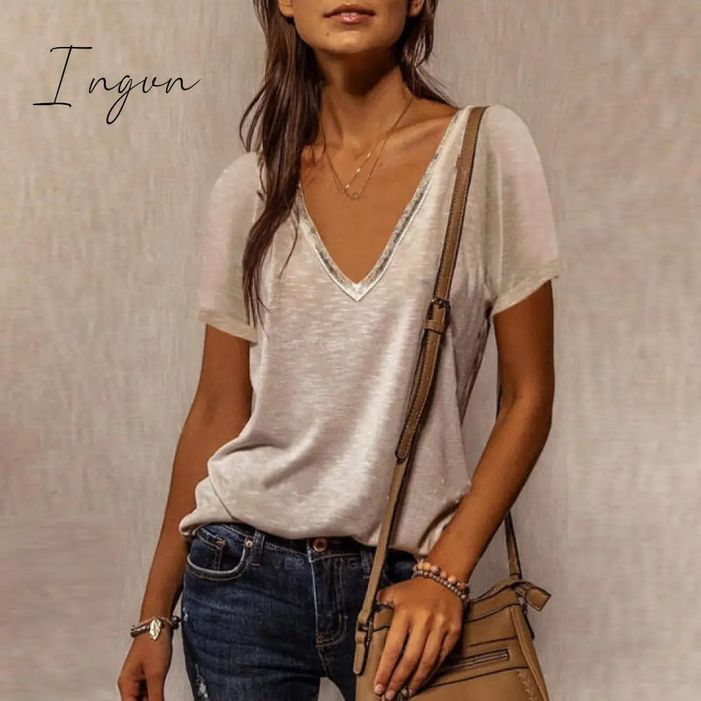 Ingvn - Summer Shirts For Women Fashion V Neck Patchwork Loose T Shirt Female Short Sleeve Top