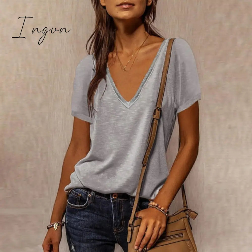 Ingvn - Summer Shirts For Women Fashion V Neck Patchwork Loose T Shirt Female Short Sleeve Top