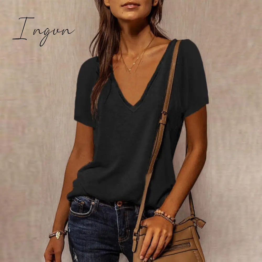 Ingvn - Summer Shirts For Women Fashion V Neck Patchwork Loose T Shirt Female Short Sleeve Top