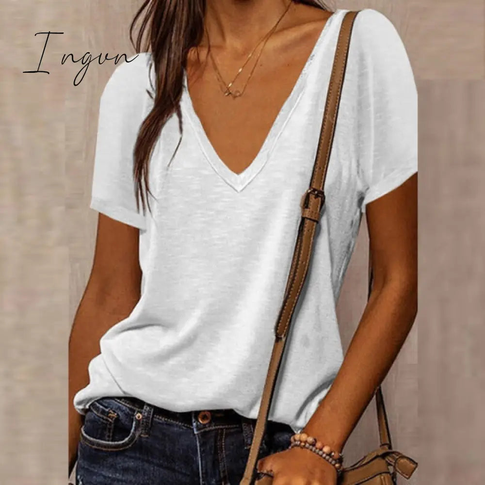 Ingvn - Summer Shirts For Women Fashion V Neck Patchwork Loose T Shirt Female Short Sleeve Top