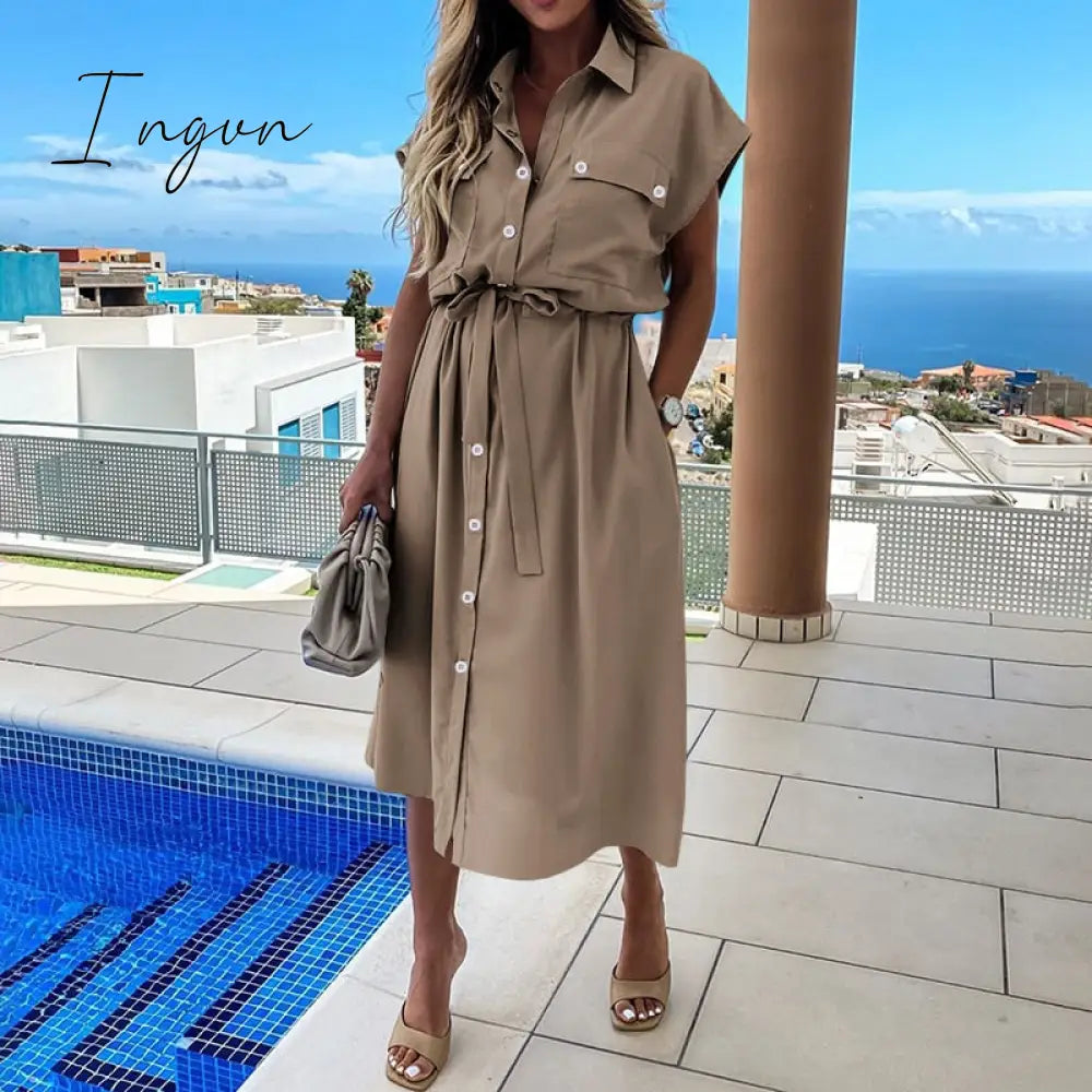 Ingvn - Summer Sundress Women Elegant Dress Plus Size Short Sleeve Casual Loose Buttons High Waist