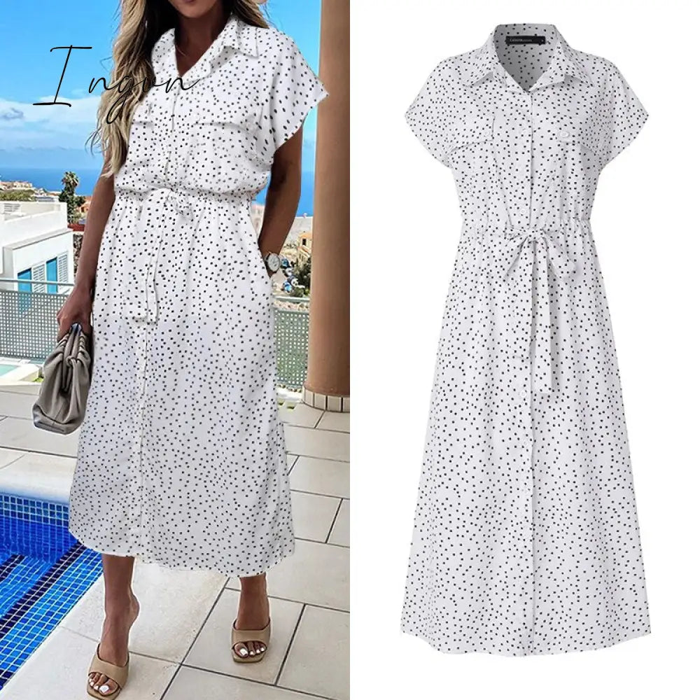 Ingvn - Summer Sundress Women Elegant Dress Plus Size Short Sleeve Casual Loose Buttons High Waist