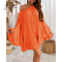 Ingvn - Summer Women Bell Sleeve Ruffle Hem Dress Slash Neck Mini A Line Sweet Dresses Oversized