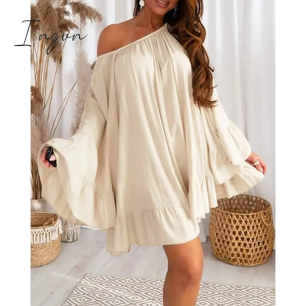 Ingvn - Summer Women Bell Sleeve Ruffle Hem Dress Slash Neck Mini A Line Sweet Dresses Oversized