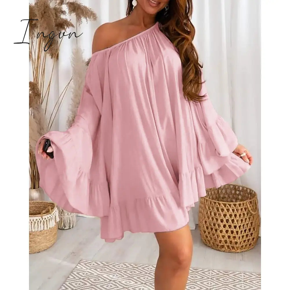 Ingvn - Summer Women Bell Sleeve Ruffle Hem Dress Slash Neck Mini A Line Sweet Dresses Oversized